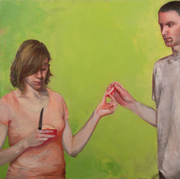 John, Amanda and Apple (He Did Eat), 3’ x 3’, oil on canvas, 2010
