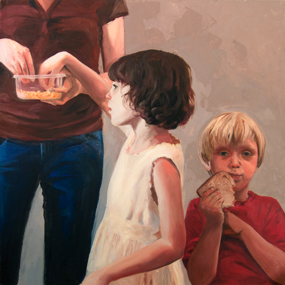 Amanda, Zoe and Raphael with Goldfish (They Did All Eat), 3’ x 3’, oil on canvas, 2010